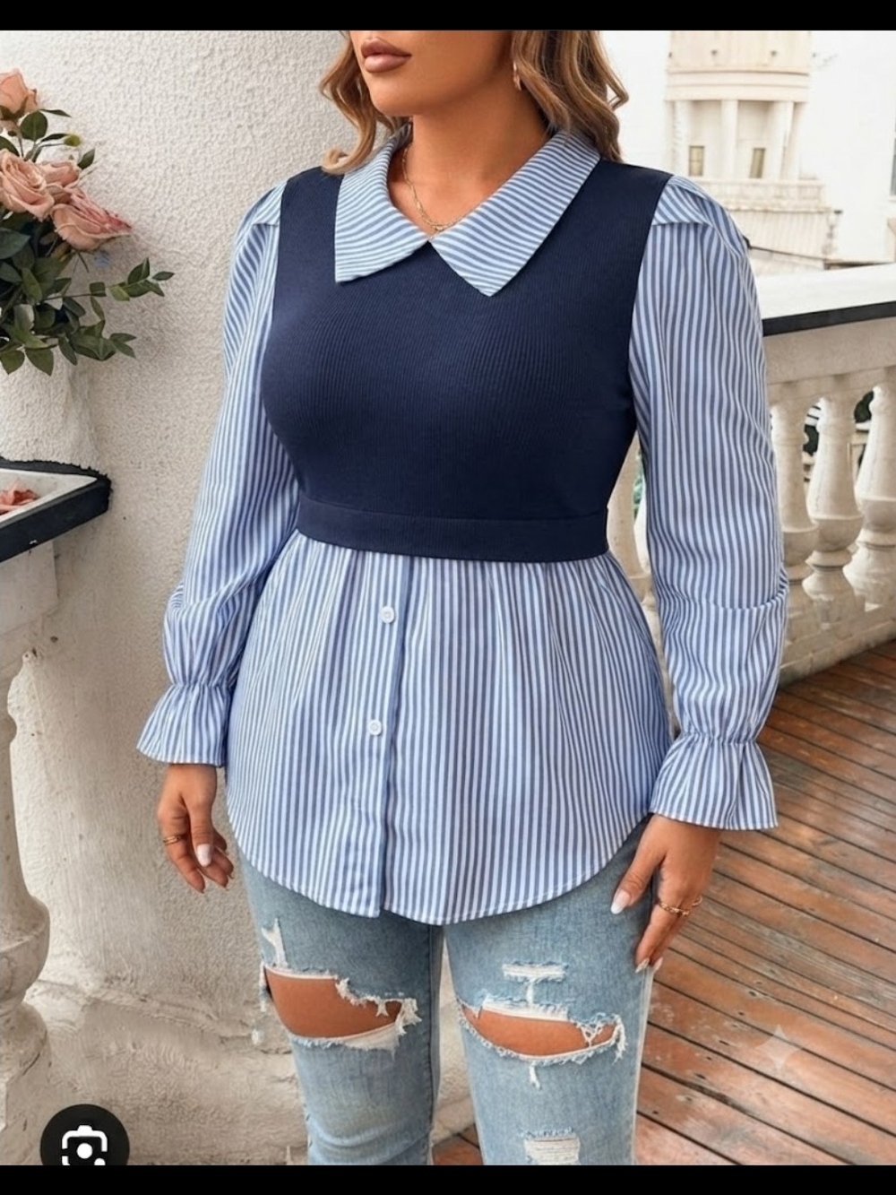 SHEIN Blue Striped Button-Down with Navy Knit Overlay